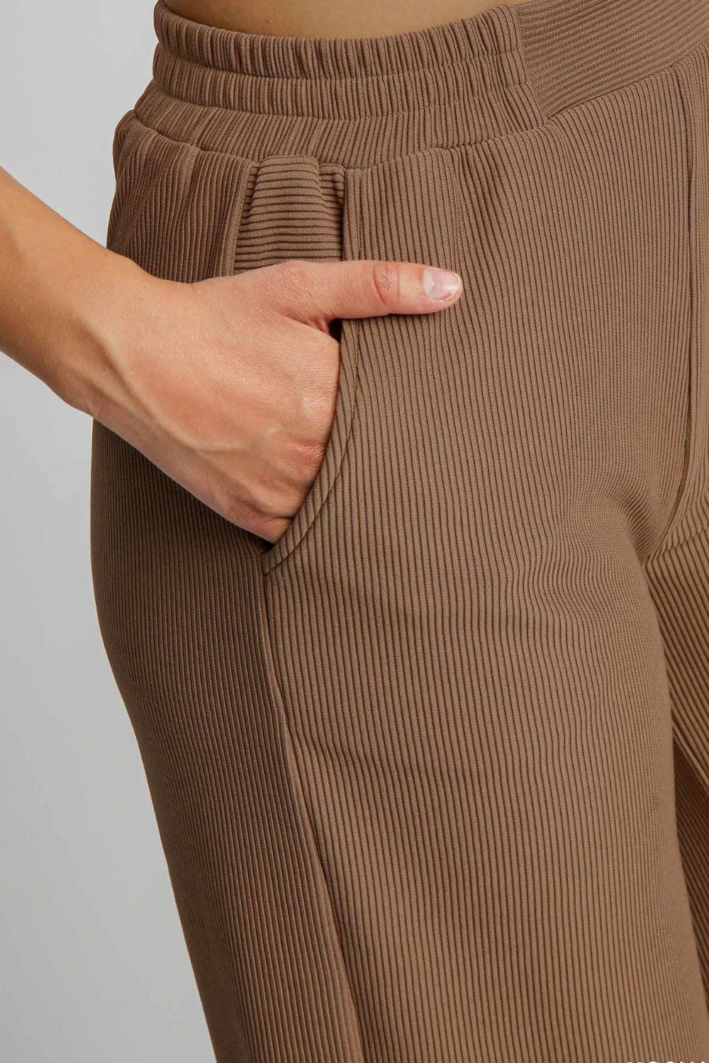 Umgee Full Size Ribbed Knit Elastic Waistband Wide Leg Pants Plus Size - kesiy