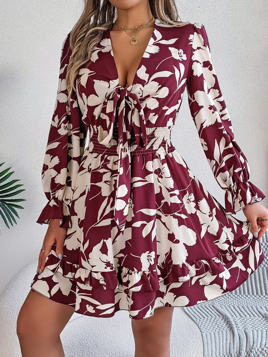 Tied Ruffled Printed Long Sleeve Dress - kesiy
