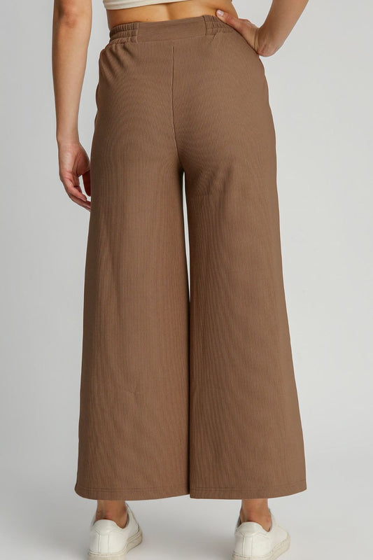 Umgee Full Size Ribbed Knit Elastic Waistband Wide Leg Pants Plus Size - kesiy