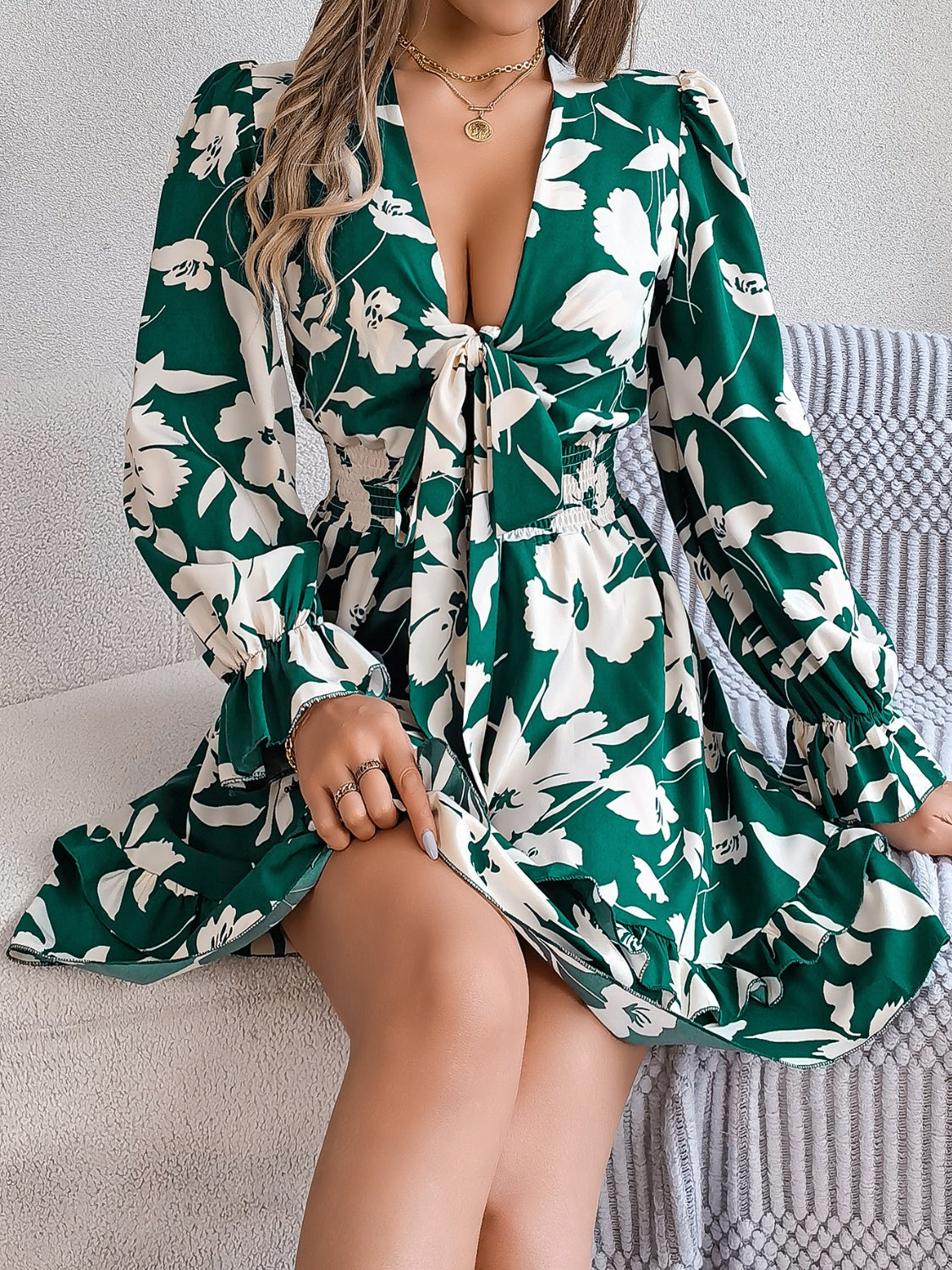 Tied Ruffled Printed Long Sleeve Dress - kesiy