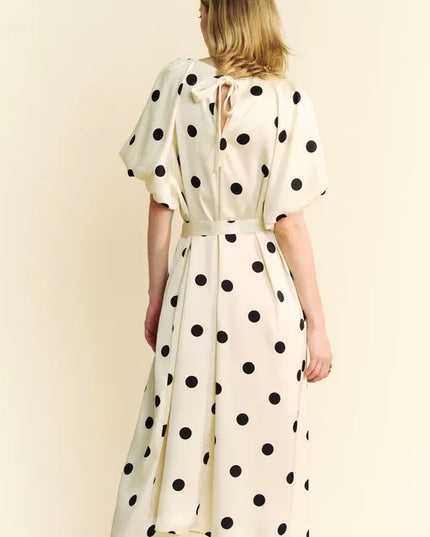 Davi & Dani Polka Dot Puff Sleeves Waist Tie Midi Dress - kesiy