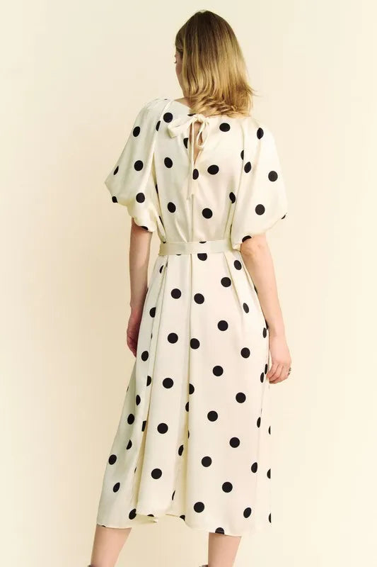 Davi & Dani Polka Dot Puff Sleeves Waist Tie Midi Dress - kesiy