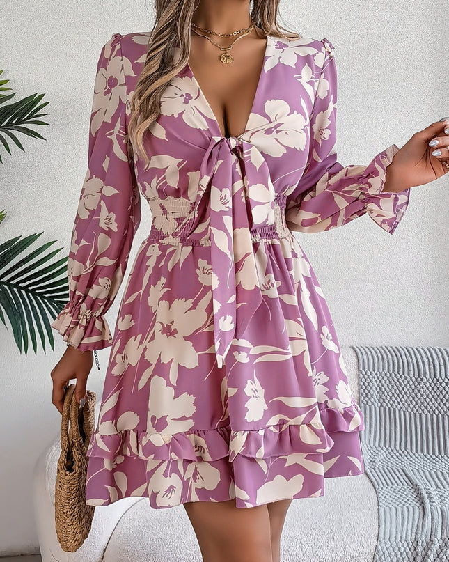 Tied Ruffled Printed Long Sleeve Dress - kesiy