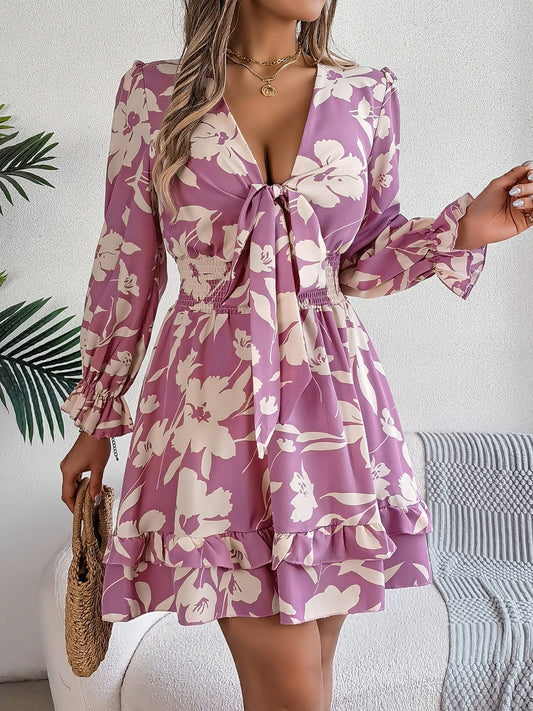 Tied Ruffled Printed Long Sleeve Dress - kesiy