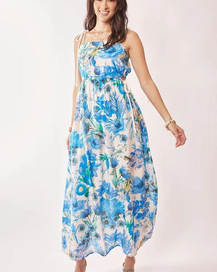 Davi & Dani Tropical Boho Printed Detail Cut Out Maxi Dress - kesiy