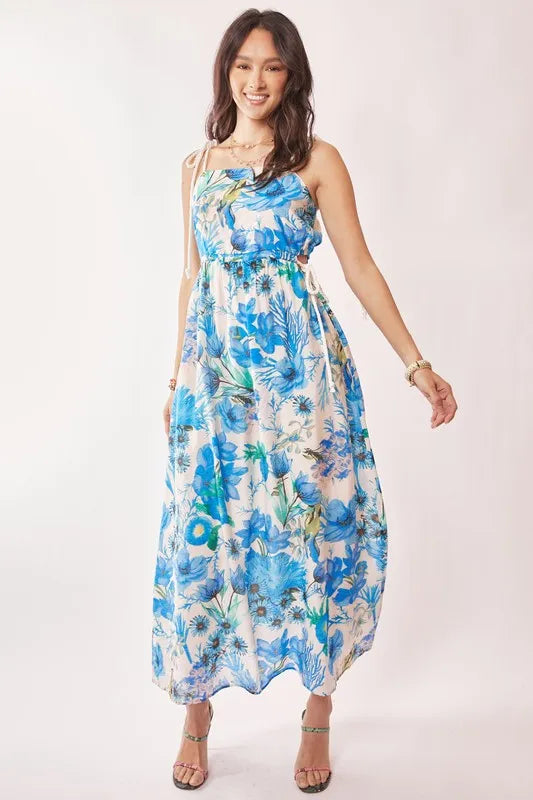 Davi & Dani Tropical Boho Printed Detail Cut Out Maxi Dress - kesiy