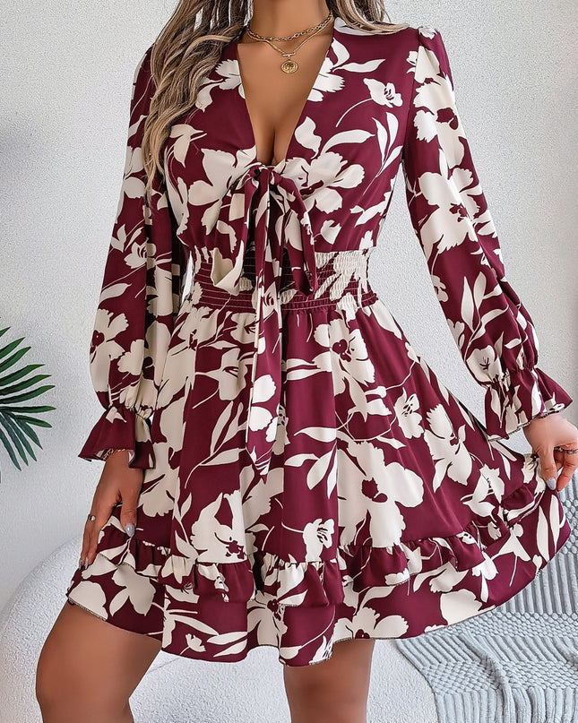 Tied Ruffled Printed Long Sleeve Dress - kesiy