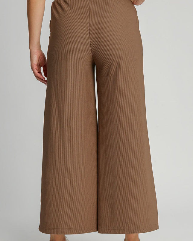 Umgee Full Size Ribbed Knit Elastic Waistband Wide Leg Pants Plus Size - kesiy