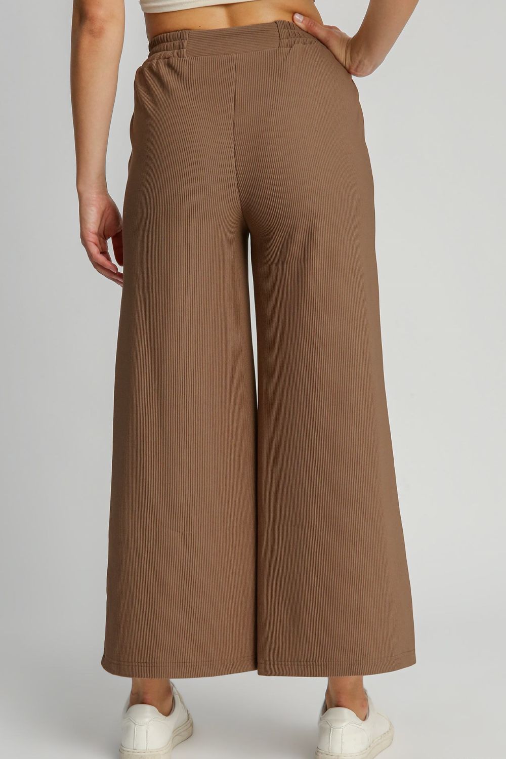 Umgee Full Size Ribbed Knit Elastic Waistband Wide Leg Pants Plus Size - kesiy