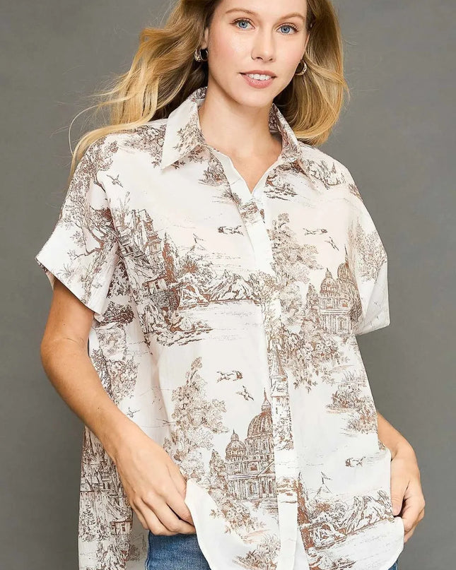 Umgee Full Size Two Tone Print Button Up Short Sleeve Shirt Plus Size - kesiy