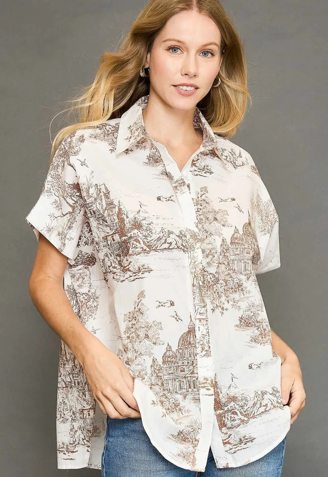 Umgee Full Size Two Tone Print Button Up Short Sleeve Shirt Plus Size - kesiy