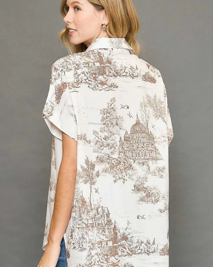 Umgee Full Size Two Tone Print Button Up Short Sleeve Shirt Plus Size - kesiy