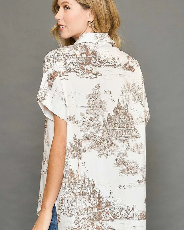 Umgee Full Size Two Tone Print Button Up Short Sleeve Shirt Plus Size - kesiy