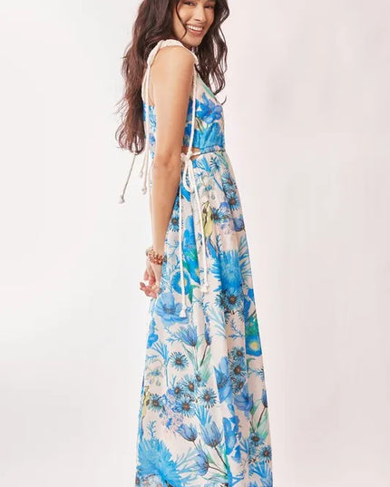 Davi & Dani Tropical Boho Printed Detail Cut Out Maxi Dress - kesiy