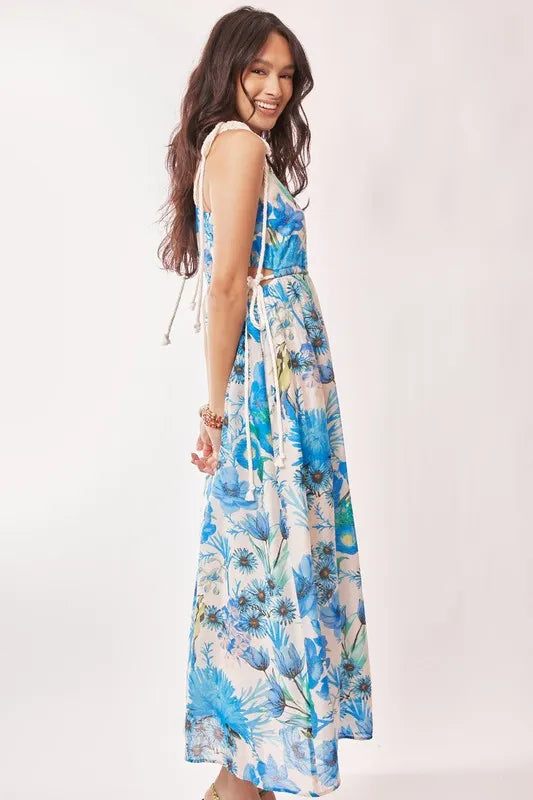 Davi & Dani Tropical Boho Printed Detail Cut Out Maxi Dress - kesiy