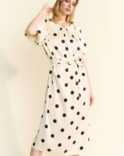 Davi & Dani Polka Dot Puff Sleeves Waist Tie Midi Dress - kesiy