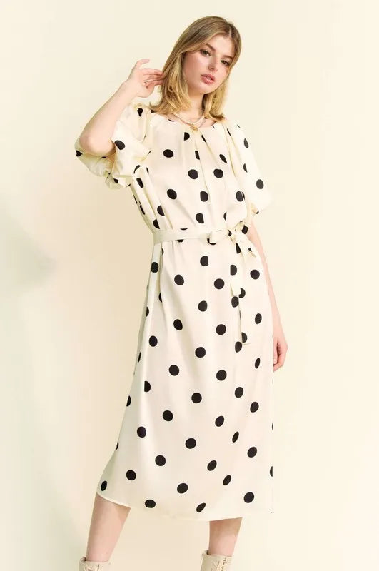 Davi & Dani Polka Dot Puff Sleeves Waist Tie Midi Dress - kesiy
