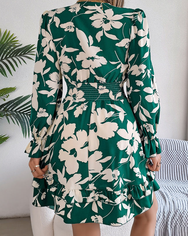 Tied Ruffled Printed Long Sleeve Dress - kesiy