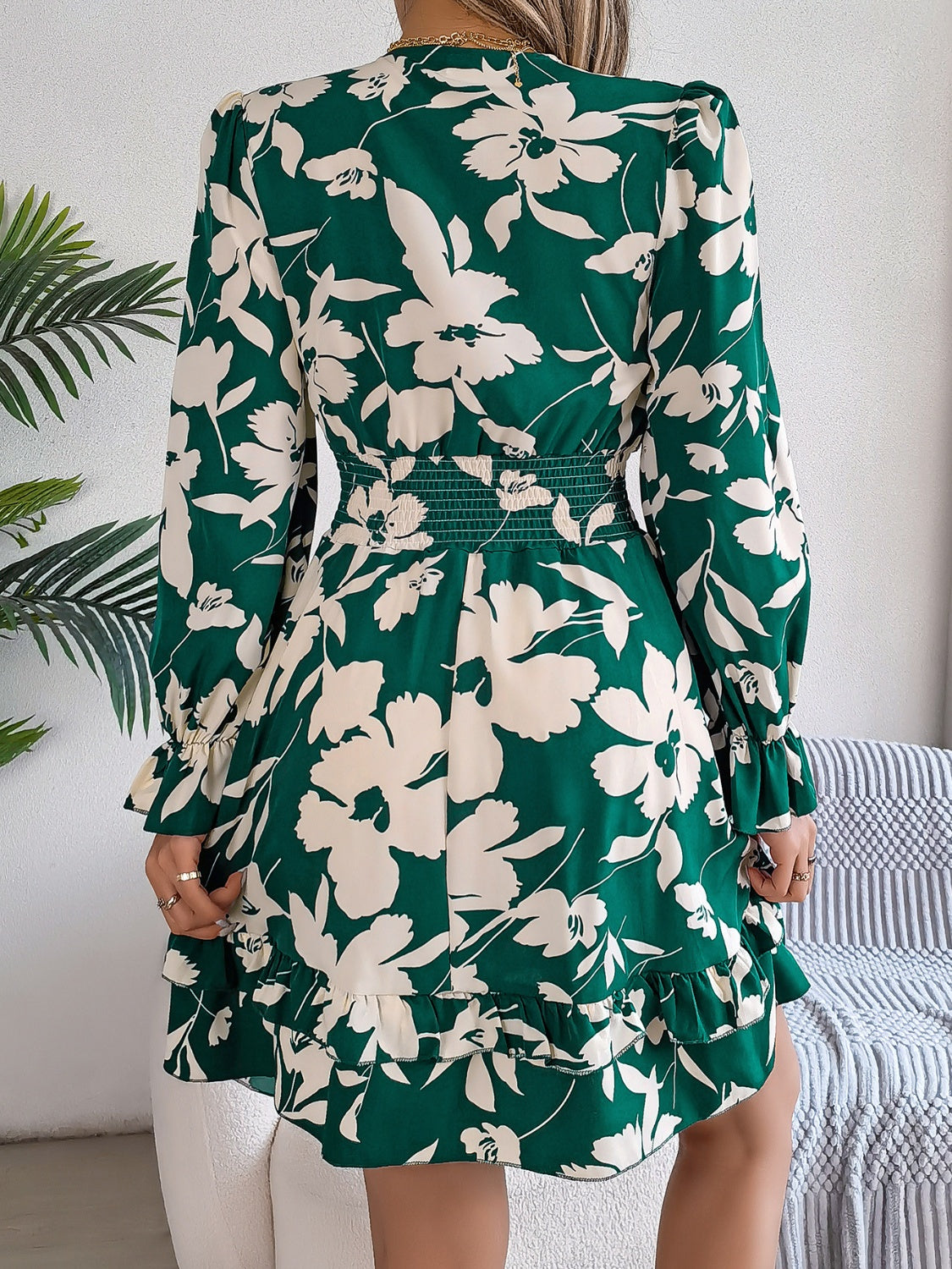 Tied Ruffled Printed Long Sleeve Dress - kesiy