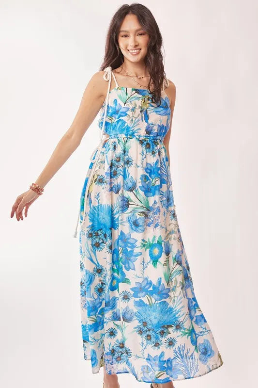 Davi & Dani Tropical Boho Printed Detail Cut Out Maxi Dress - kesiy
