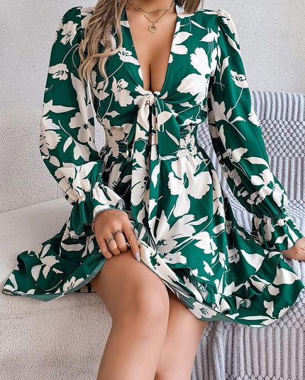 Tied Ruffled Printed Long Sleeve Dress - kesiy