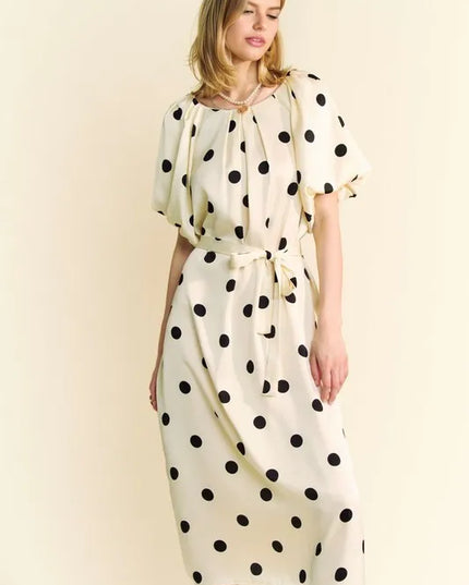 Davi & Dani Polka Dot Puff Sleeves Waist Tie Midi Dress - kesiy