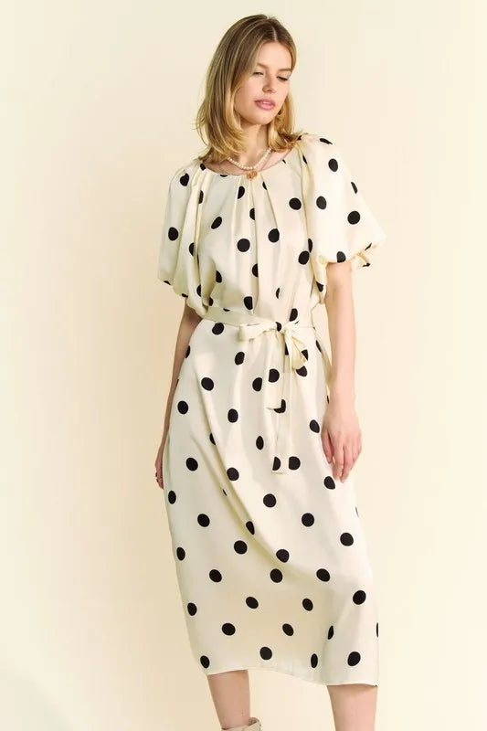 Davi & Dani Polka Dot Puff Sleeves Waist Tie Midi Dress - kesiy