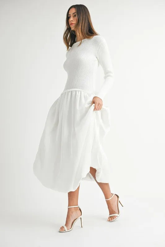 MABLE Ribbed Poplin Mix Midi Sweater Dress - kesiy