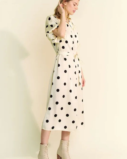 Davi & Dani Polka Dot Puff Sleeves Waist Tie Midi Dress - kesiy