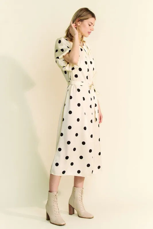Davi & Dani Polka Dot Puff Sleeves Waist Tie Midi Dress - kesiy