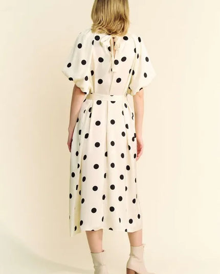 Davi & Dani Polka Dot Puff Sleeves Waist Tie Midi Dress - kesiy