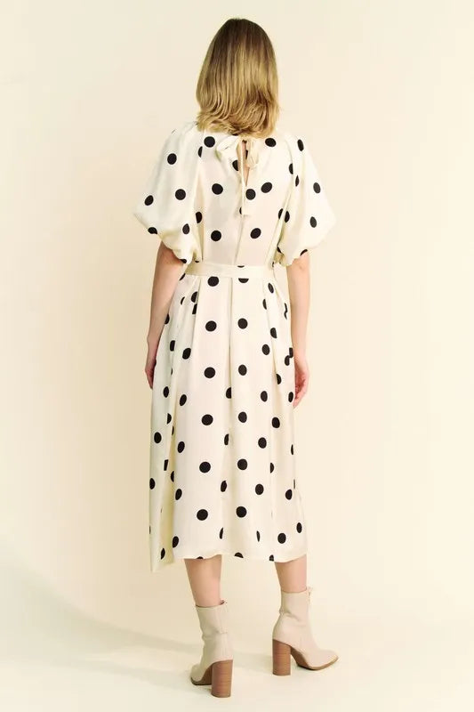 Davi & Dani Polka Dot Puff Sleeves Waist Tie Midi Dress - kesiy