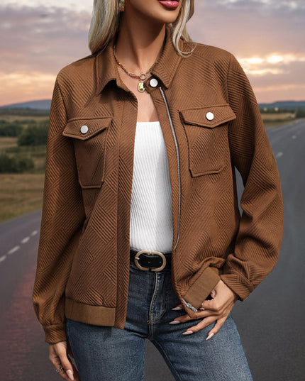 Women's Casual Lapel Texture Solid Color Long Sleeve Jacket