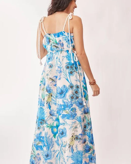 Davi & Dani Tropical Boho Printed Detail Cut Out Maxi Dress - kesiy