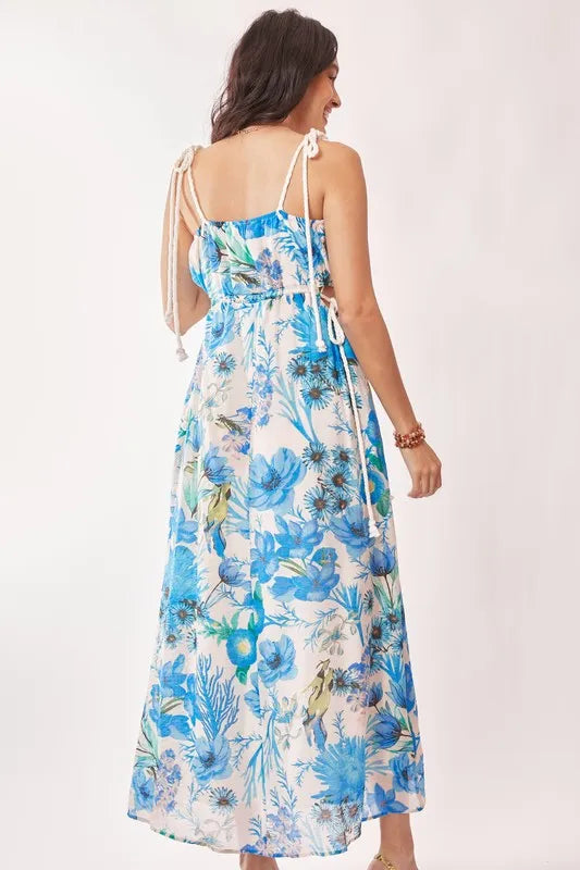 Davi & Dani Tropical Boho Printed Detail Cut Out Maxi Dress - kesiy