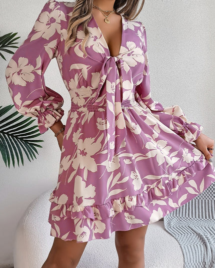 Tied Ruffled Printed Long Sleeve Dress - kesiy