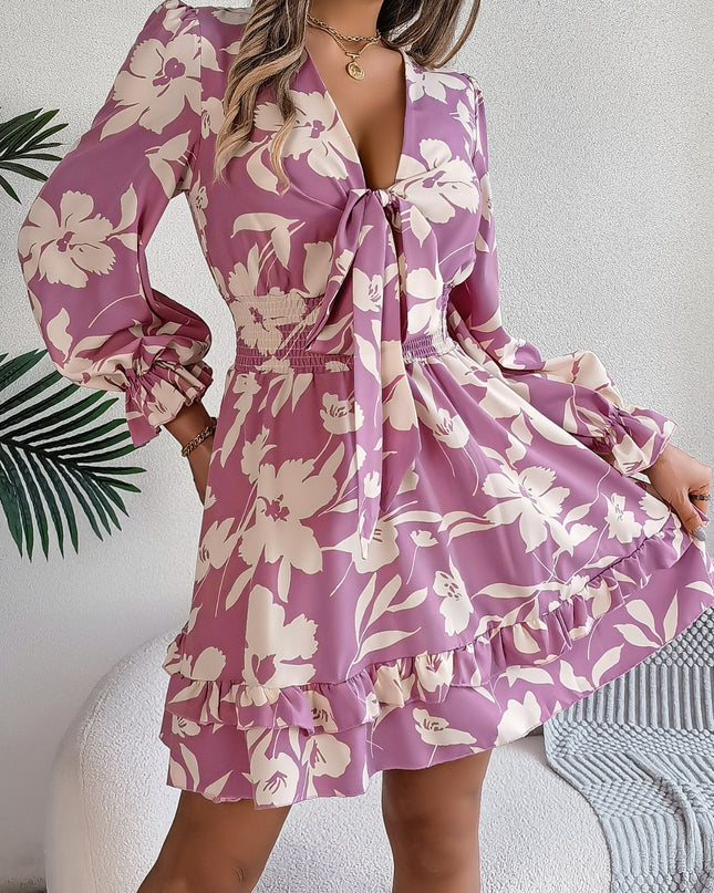 Tied Ruffled Printed Long Sleeve Dress - kesiy