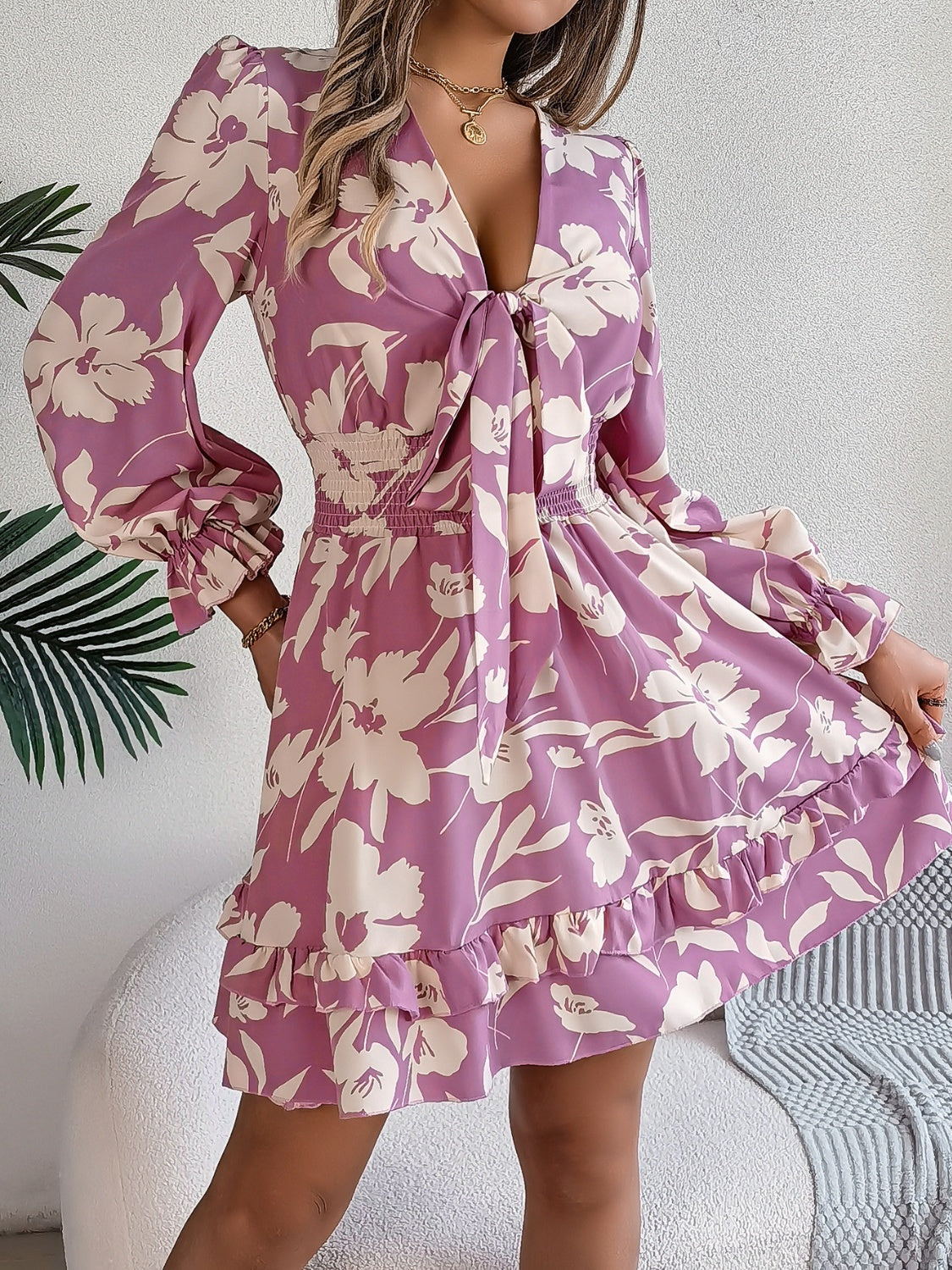 Tied Ruffled Printed Long Sleeve Dress - kesiy