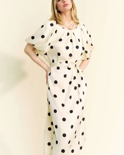 Davi & Dani Polka Dot Puff Sleeves Waist Tie Midi Dress - kesiy