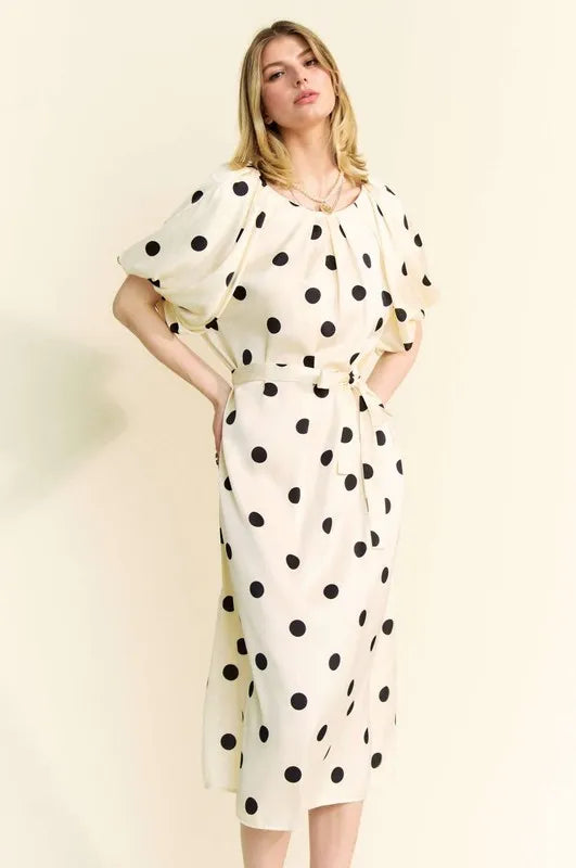 Davi & Dani Polka Dot Puff Sleeves Waist Tie Midi Dress - kesiy