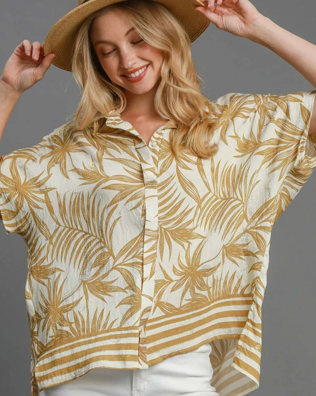 Umgee Full Size Tropical Print Button Down Shirt Plus Size - kesiy