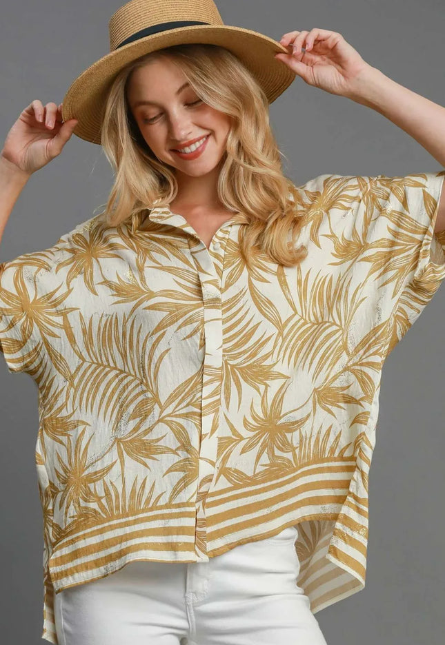 Umgee Full Size Tropical Print Button Down Shirt Plus Size - kesiy