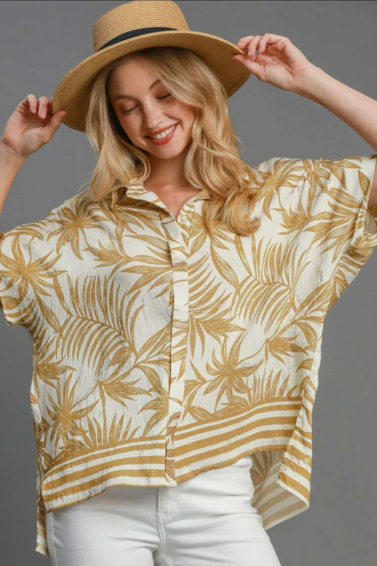Umgee Full Size Tropical Print Button Down Shirt Plus Size - kesiy