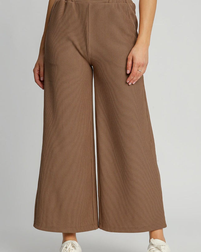 Umgee Full Size Ribbed Knit Elastic Waistband Wide Leg Pants Plus Size - kesiy