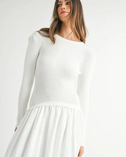 MABLE Ribbed Poplin Mix Midi Sweater Dress - kesiy