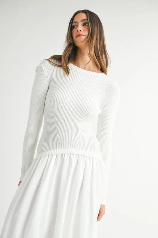 MABLE Ribbed Poplin Mix Midi Sweater Dress - kesiy