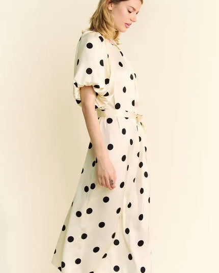 Davi & Dani Polka Dot Puff Sleeves Waist Tie Midi Dress - kesiy