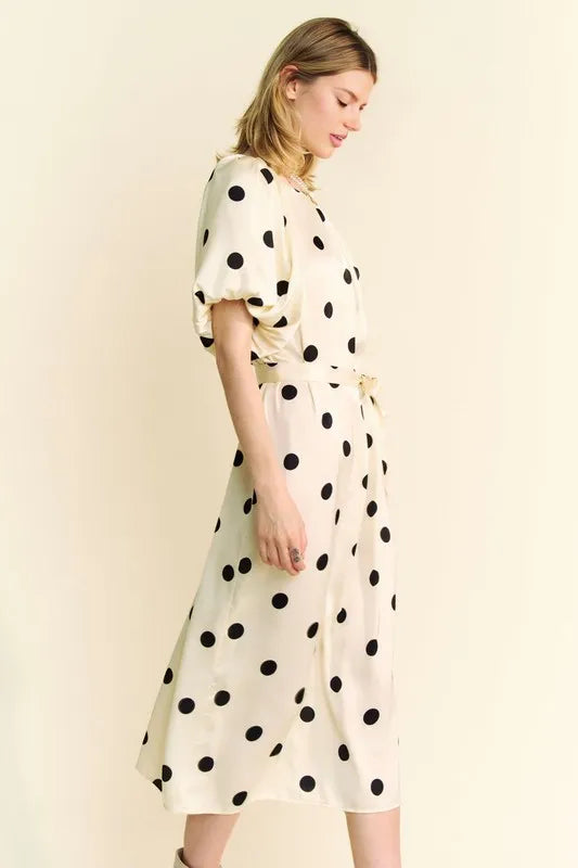 Davi & Dani Polka Dot Puff Sleeves Waist Tie Midi Dress - kesiy