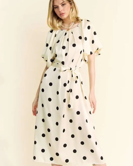 Davi & Dani Polka Dot Puff Sleeves Waist Tie Midi Dress - kesiy
