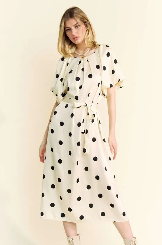 Davi & Dani Polka Dot Puff Sleeves Waist Tie Midi Dress - kesiy